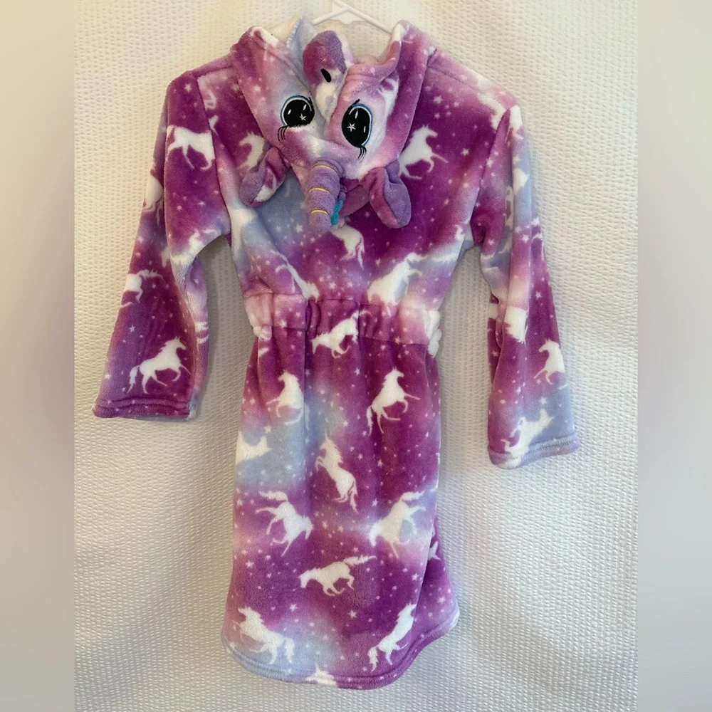 Girls Unicorn Hooded Plush Fleece Robe Purple Blue Galaxy Bathrobe Size 7/8